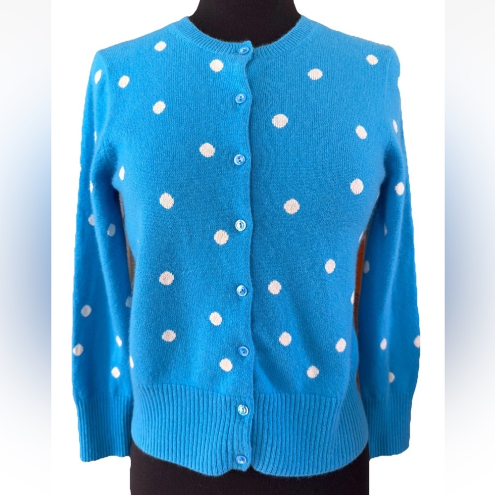 J.Crew 100% Cashmere Blue & White Polka Dot Cardigan Cropped Slim Fit